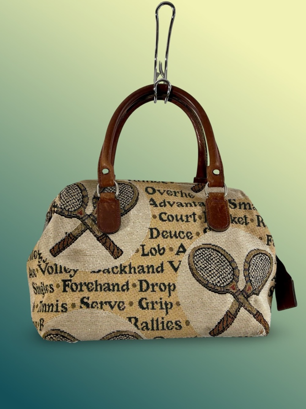 Ravini Tennis Themed Country Club Tapestry Dual Handle Zip Close Satchel Handbag
